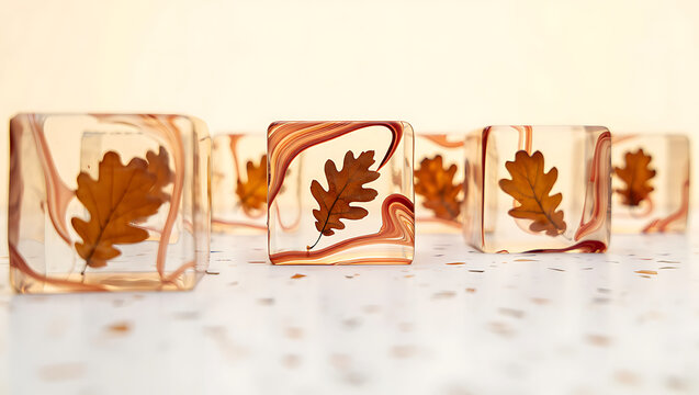 A row of five decorative glass votive candle holders featuring pressed oak leaves and marbled amber resin creating a warm autumnal ambiance for home decor or events