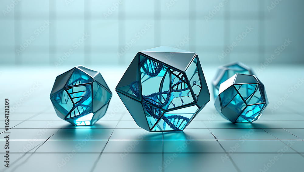 Poster abstract geometric crystal formations with sharp facets and internal blue light reflections on a tex