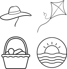 Kite Hat and Picnic Basket Summer Outline Art