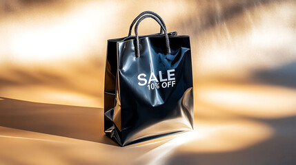 A glossy black shopping bag with bold silver "SALE 10% OFF" text centered on a smooth, matte gold backdrop under soft daylight, bag casting a faint shadow on the surface,