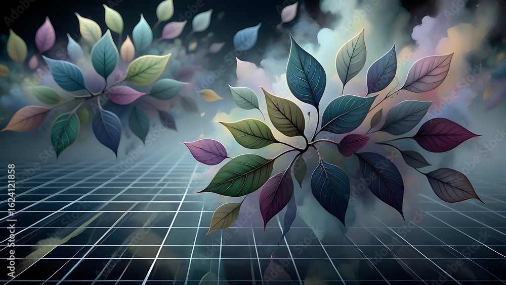 Poster abstract digital art featuring vibrant multicolored leaves with a soft ethereal glow set against a b