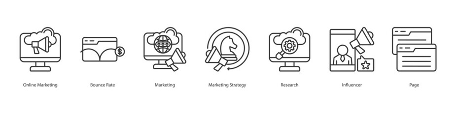 Digital Reach Engine banner web icon set vector illustration concept with icon of online marketing, bounce rate, marketing, marketing strategy, research, influencer, page