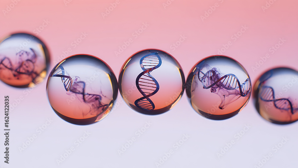 Poster row of translucent oval shapes with dna helix patterns etched onto their surfaces set against a soft