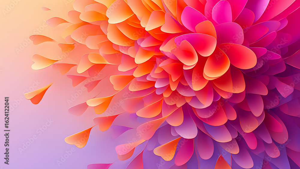 Poster vibrant abstract explosion of colorful petals in a soft gradient of pink orange and purple creating 