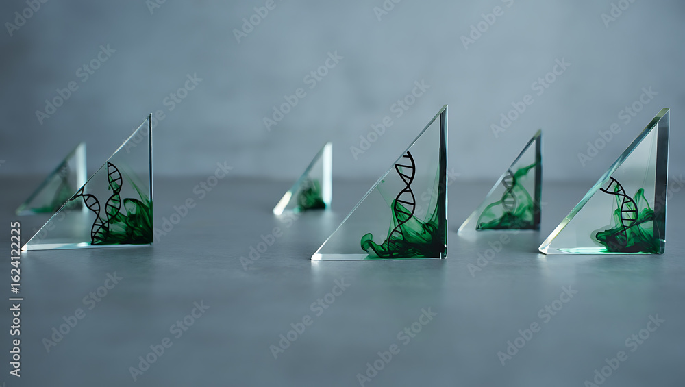 Poster abstract close up of fragmented clear glass pieces with green organic shapes embedded within arrange