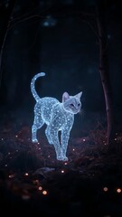 Obraz premium A glowing fiber-optic cat walks through a dark, digital-lit forest. Ethereal light, mystical ambiance, soft shadows, surreal and futuristic. Ideal for fantasy, tech, or dreamlike concepts.
