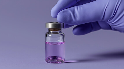 Hand in purple glove carefully holds small glass vial filled with pink liquid, set against matching purple background, creating harmonious and professional appearance