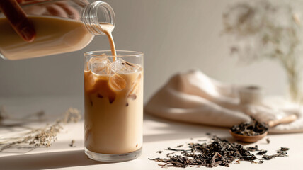Refreshing glass of iced milk tea is being poured, surrounded by loose tea leaves and soft natural light, creating calm and inviting atmosphere