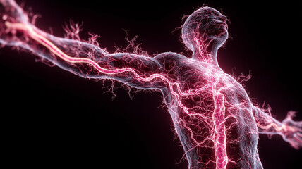 Glowing artistic rendering of human nerves spread throughout body, showcasing intricate neural pathways and vibrant energy. image highlights complexity and beauty of nervous system