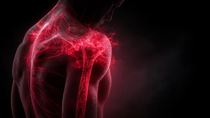 Digital illustration of human figure with glowing red lines symbolizing nerves and muscles, highlighting shoulder and upper back area against dark background