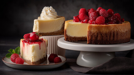 Creamy cheesecake with fresh raspberries and whipped cream on elegant stands, creating delightful dessert display. rich textures and vibrant colors evoke sense of indulgence