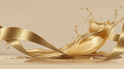 Golden liquid splash with elegant ribbons on light gold background, creating luxurious and dynamic visual. fluid motion and shimmering textures evoke sense of opulence and sophistication