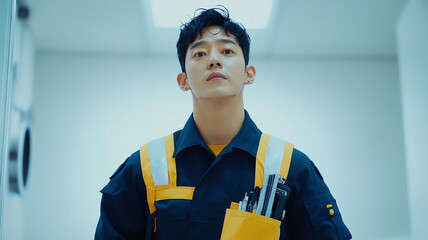 Man in blue and yellow uniform stands confidently in bright room, with tools in his pocket, suggesting professional setting. His expression is focused and determined