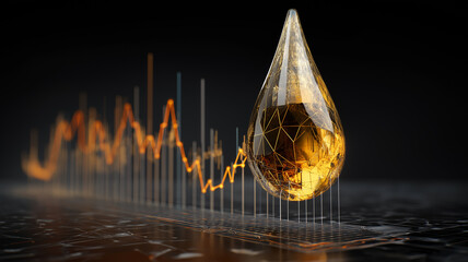 Golden oil drop hovers above digital line chart, symbolizing market trends in energy sector. low poly design adds modern, technological feel to image
