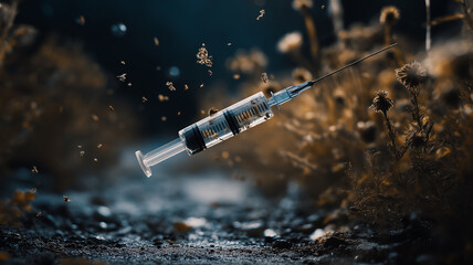 Syringe floats amidst surreal, dreamlike landscape with golden hues and delicate flowers, creating mysterious and intriguing atmosphere
