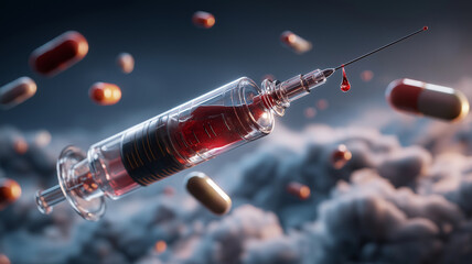 Glass syringe filled with red liquid floats dramatically in air, surrounded by capsules against cloudy backdrop, creating surreal and intense atmosphere