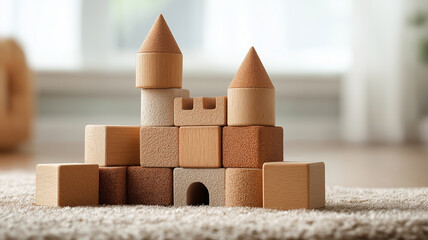 Wooden toy castle made of various blocks is arranged on soft carpet in bright room, creating playful and imaginative atmosphere
