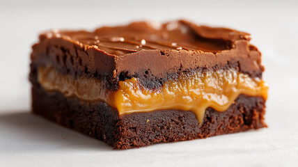 Rich, decadent brownie with visible caramel layer sits on white surface, showcasing its gooey texture and chocolatey goodness. dessert looks indulgent and inviting