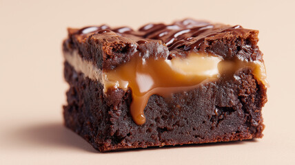 Rich chocolate brownie with gooey caramel layer, topped with drizzle of chocolate, creating decadent and indulgent treat. Perfect for dessert lovers