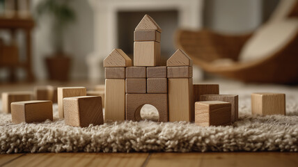 Wooden toy blocks arranged in castle shape on soft carpet in cozy living room setting, creating warm and inviting atmosphere