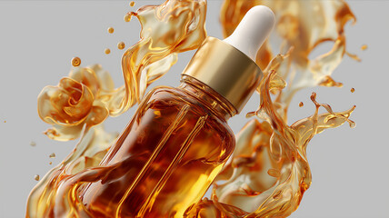 Glass dropper bottle with golden cap is surrounded by splashes of amber liquid, creating dynamic and luxurious visual. image conveys sense of elegance and vitality
