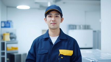 Man in navy work uniform with yellow pocket stands confidently in bright, industrial setting, conveying professionalism and focus. room is well lit and organized
