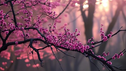 Dark tree branches covered in vibrant pink blossoms against a soft pink hazy background flowers spring