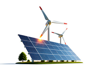 Solar panels and wind turbines on white background