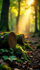 Obraz premium Golden light filters through leaves, illuminating moss-covered logs, backdrop, calm