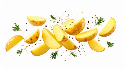  A creative and dynamic shot of multiple potato wedges, some with their skins on, floating in mid-air. They are seasoned with various spices and garnished with fresh rosemary sprigs, all set against a