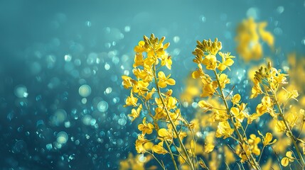 Close-up of yellow flowers with green leaves and buds on a blue background exudes elegance, leaving space at the ends to add text or graphics later.