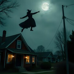 Naklejka premium Witch silhouette dancing in moonlight above cozy house with warm glowing windows and power lines