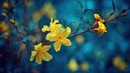 Close-up of yellow flowers with green leaves and buds on a blue background exudes elegance, leaving space at the ends to add text or graphics later.