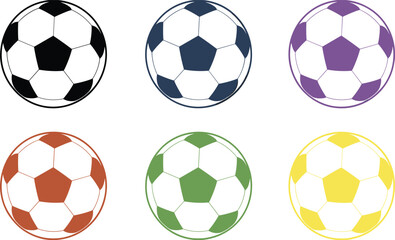 Colorful soccer balls vector set, multiple football colors design, flat illustration for sports theme, cad drawing flat vector illustration