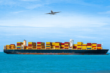 Aerial view of the freight shipping transport system cargo ship container. international...