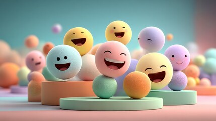 Happy emoticon spheres on pastel podiums