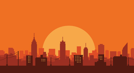 Cityscape Silhouette at Sunset with Buildings and Warm Orange Sky