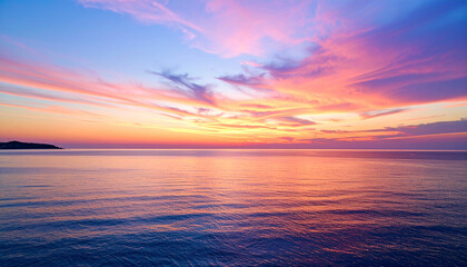 Fototapeta premium Serene Sunset Over Ocean: The ocean under a vibrant sunset, a canvas of vivid pinks, purples, and oranges paints the sky. The calm sea mirrors the colors above.