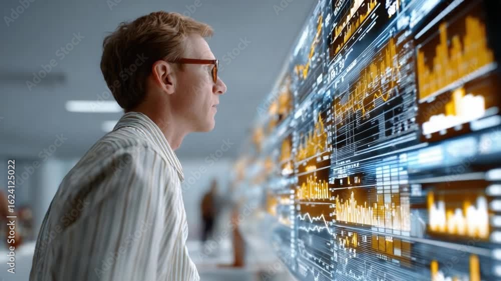 Aufkleber data analysis: a focused analyst examines a complex array of financial data, illuminated by digital 
