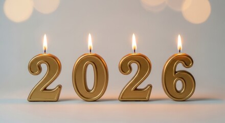 Gold candles numbered 2026, lit, on a light gray background with bokeh