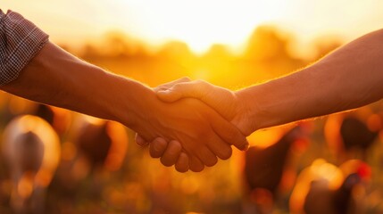 Agricultural partnership handshake at golden sunset in a farm field