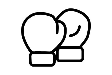A simple, black and white line art illustration of a pair of boxing gloves. The gloves are outlined with thick black lines and a small curved line is drawn on the right glove to indicate its shape.