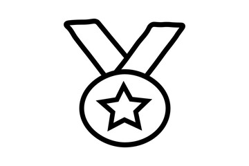 A simple, black and white line art illustration of a medal with a star. The circular medal is outlined with a thick black line and features a star shape at its center.