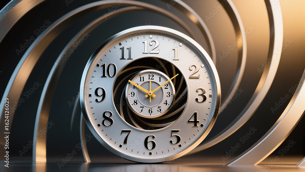 Poster endless time pathways spiral into a mesmerizing clock design