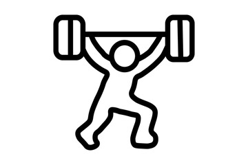 A simple, black and white line art illustration of a weightlifter. The figure is a stylized outline of a person in a squatting position, holding a barbell with weights above their head.