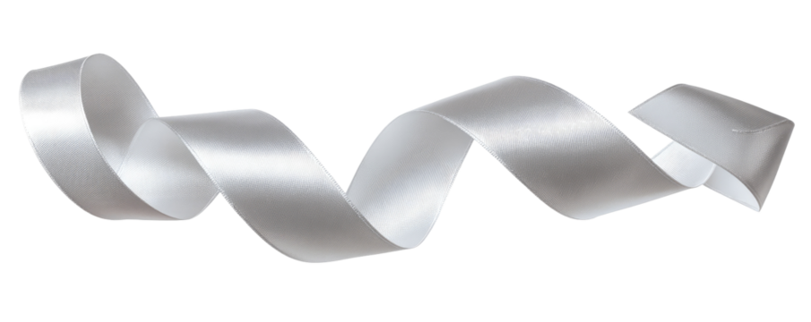 A light gray or silver satin ribbon, in a twisting, spiral design