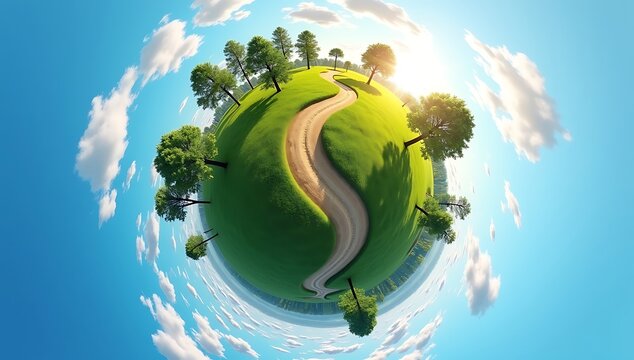 A digitally manipulated tiny planet effect showing a spherical earth with grass, hills, trees, clouds, and a winding path curving across the horizon.


