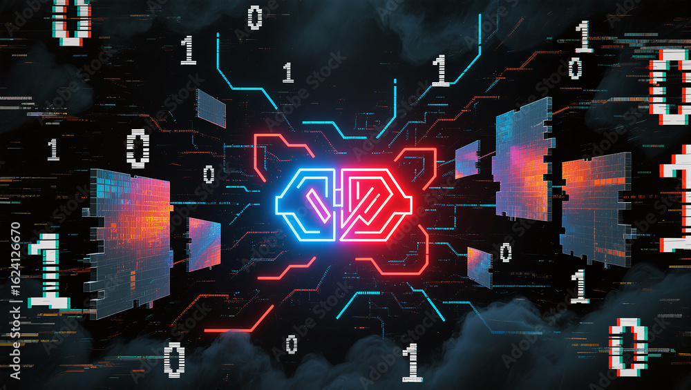 Poster vivid digital landscape with data streams and code symbols