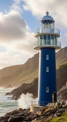 Blue lighthouse on a rocky coast with ocean waves crashing against the shore under a partly cloudy sky at sunset