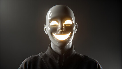 Eerie joyfulness captured in a surreal masked figure's smile